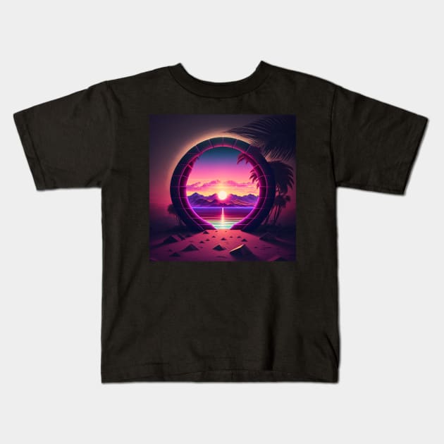 Portal on a synthwave beach Kids T-Shirt by SJG-digital